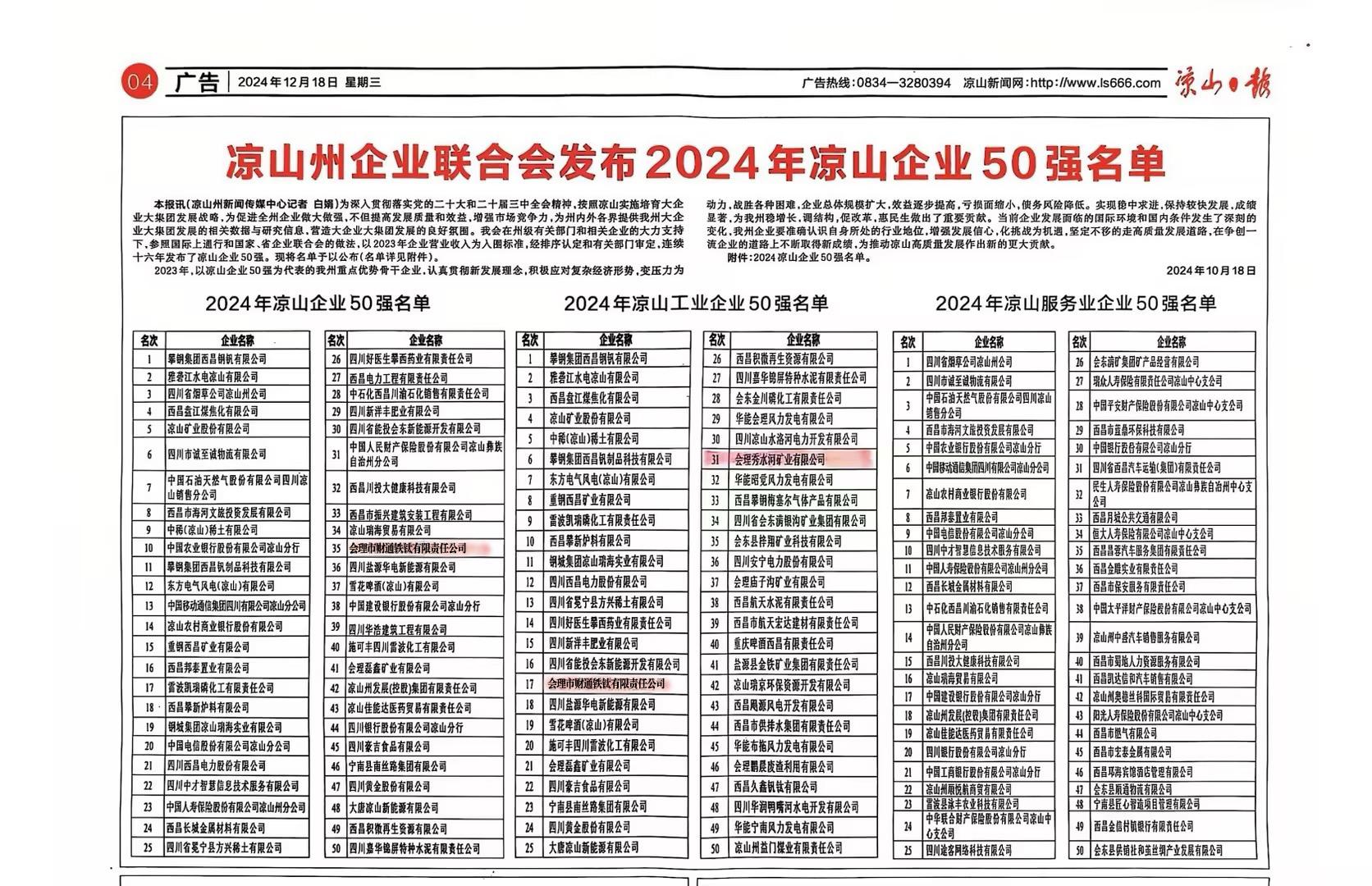喜報(bào)！聯(lián)鑫礦業(yè)會(huì)理區(qū)域雙星閃耀，共登涼山工業(yè)企業(yè)50強(qiáng)榜單(圖2)